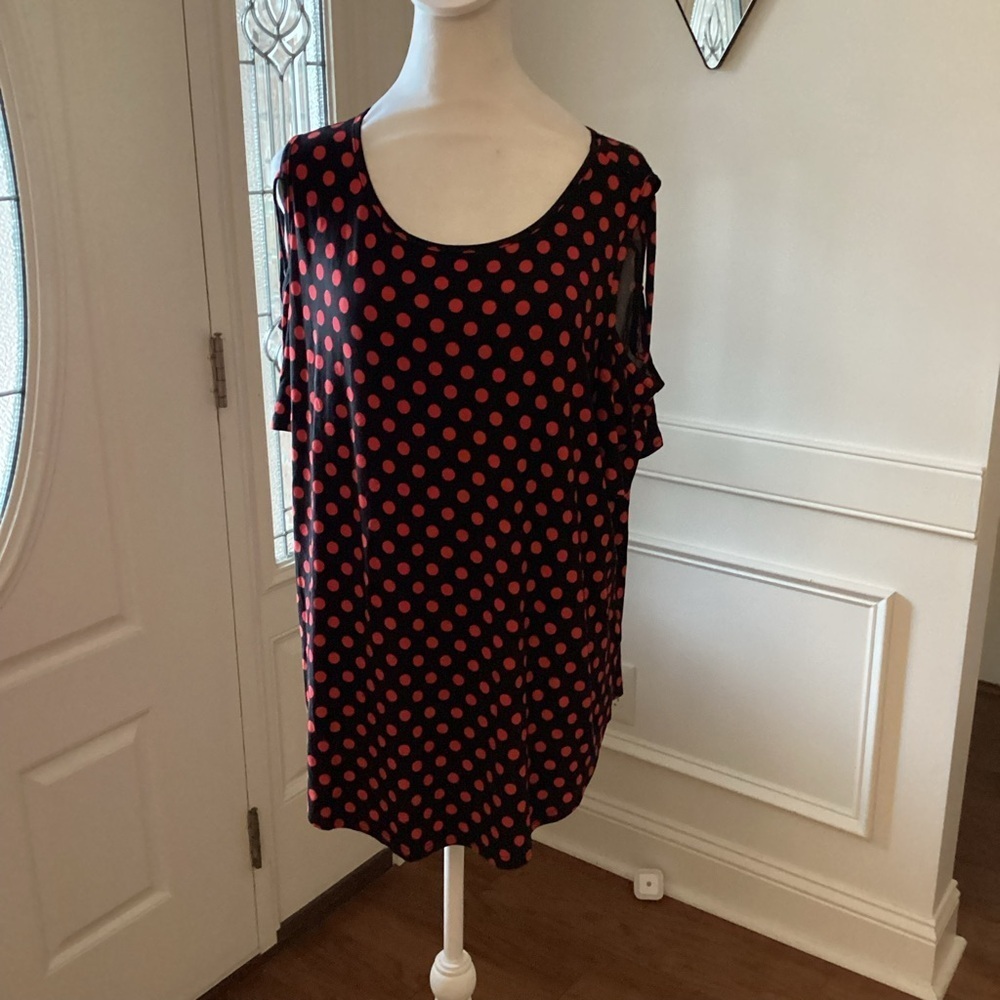 Cold Shoulder Polka Dot Blouse - Black and Red